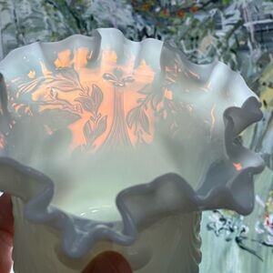 L. G. Wright milk glass with ruffles and cherry design.